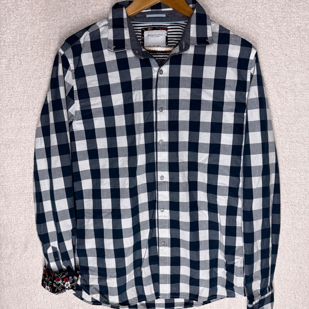 Denim & Flower Ricky Singh Men's Large Buffalo Plaid Button Up Shirt Floral Cuff